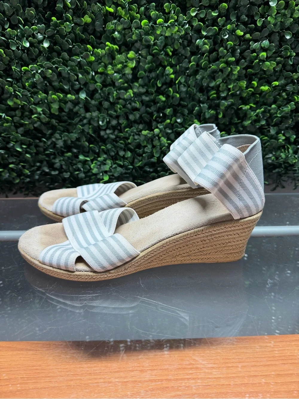 CHARLESTON SHOE CO. Striped Ankle-Wrap Wedge Sandals - Light Blue & White
